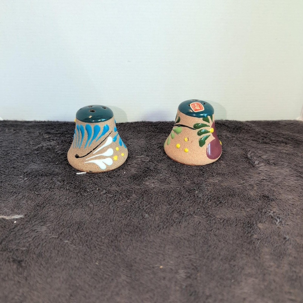 Vintage Tonala Mexican Pottery Salt and Pepper Shakers Hand Painted Floral Set